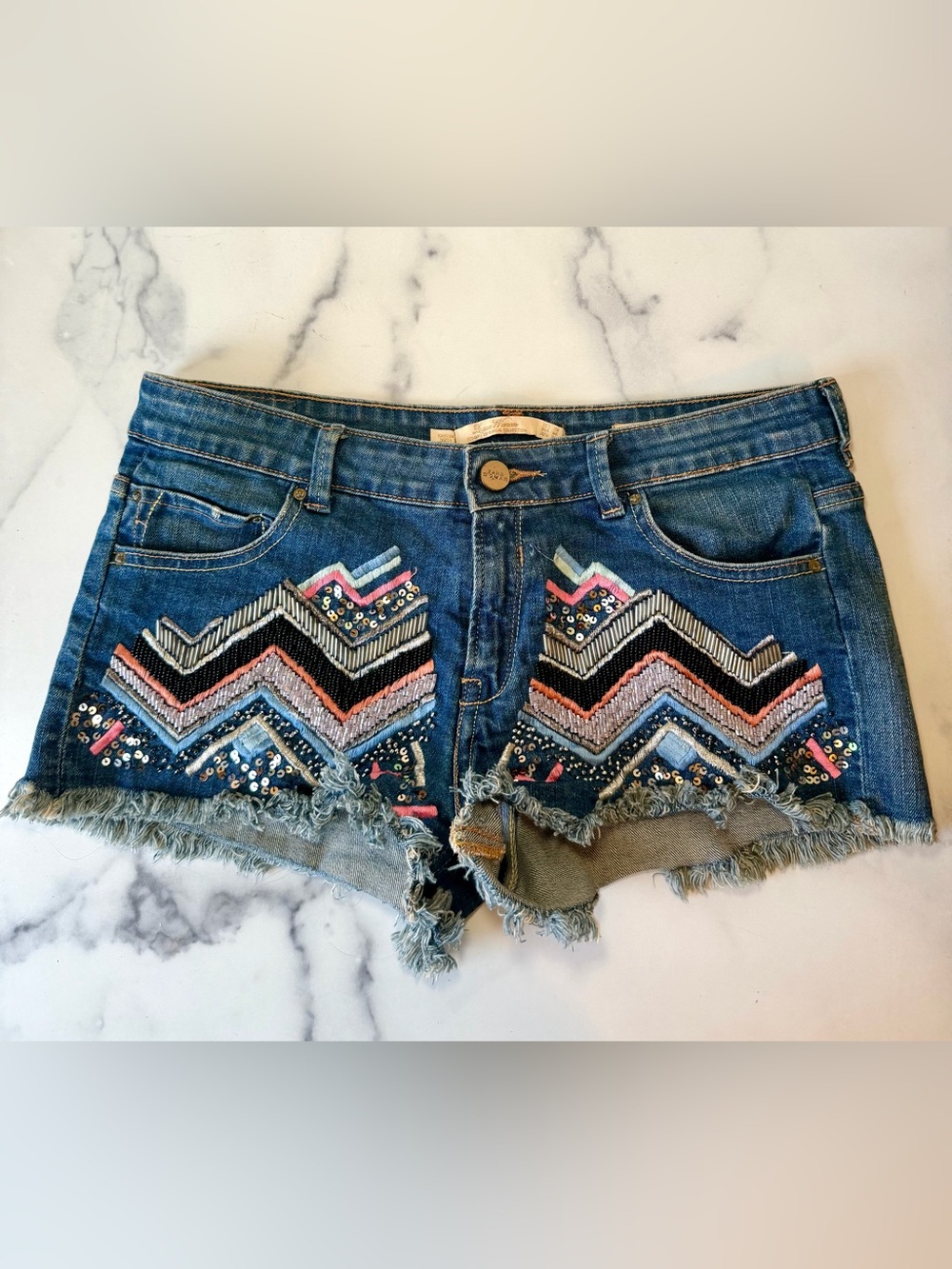 Zara Beaded Sequin Embroidered Denim Distressed Shorts Size 6 Festival Boho